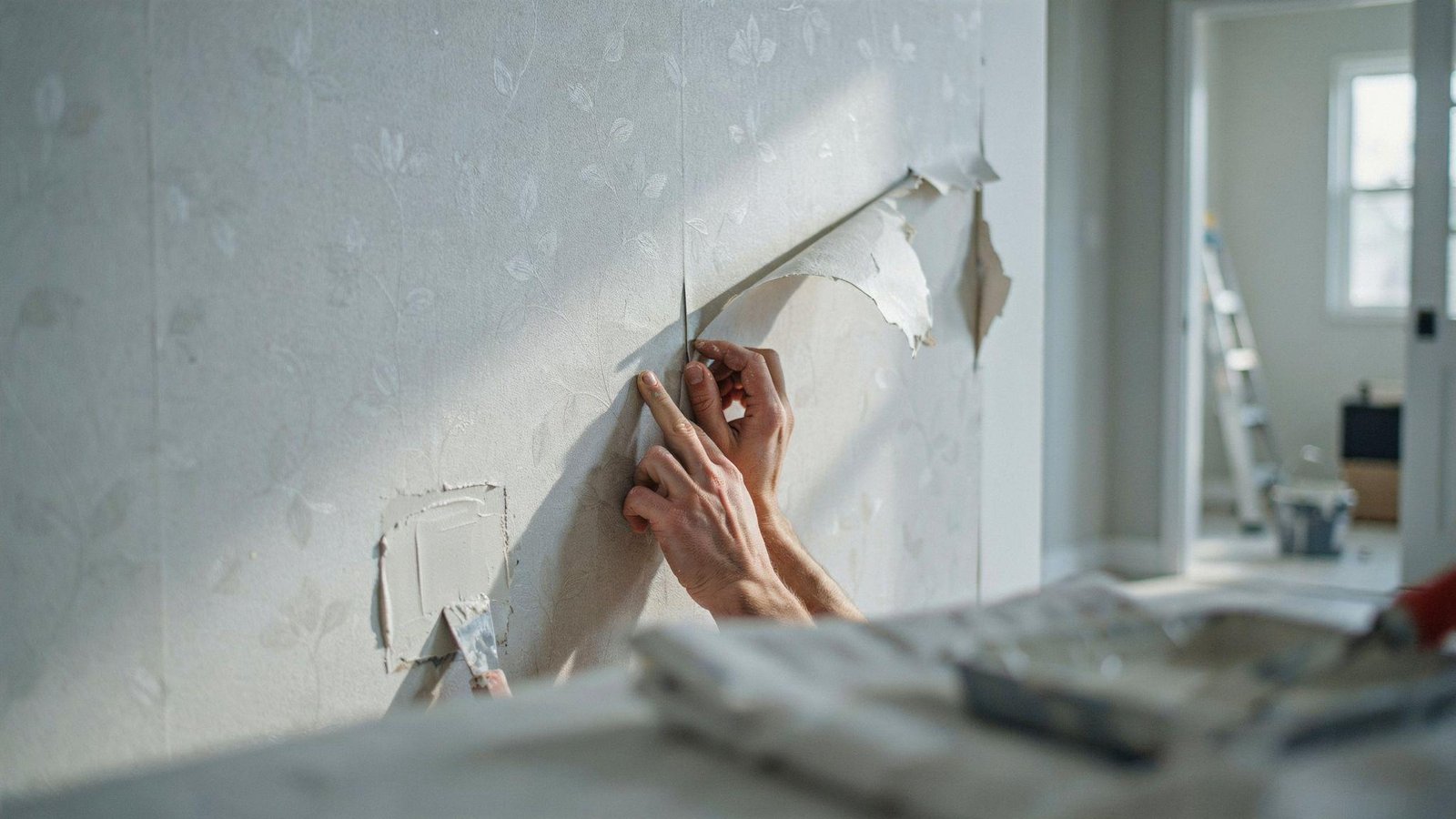 Wallpaper inspection showing seams, bubbles, adhesion testing, and surface condition before skim coating