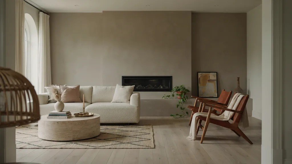 Warm taupe fireplace accent wall creating a refined and deep focal point.
