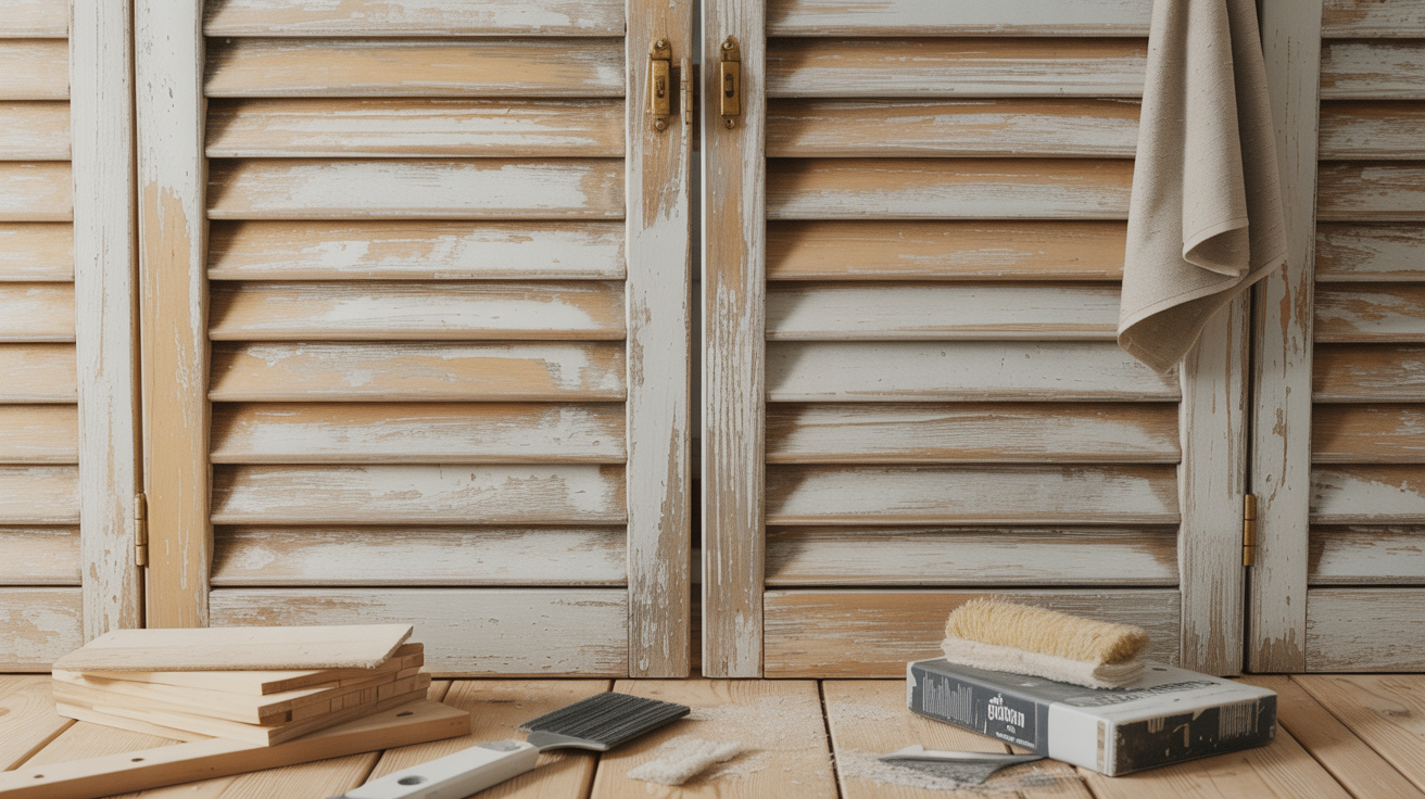 Clean and sanded house shutters prepared for a fresh coat of paint.