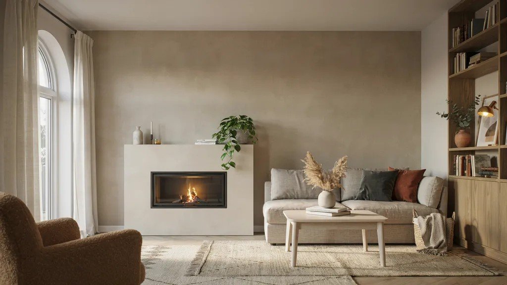 Soft mushroom beige fireplace accent wall creating organic warmth and a calm, sophisticated focal point.