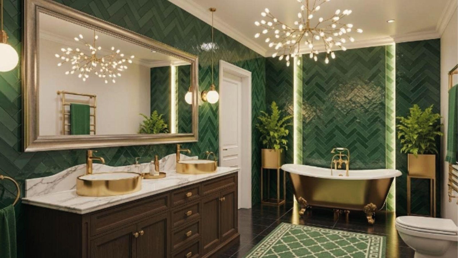 Glam green herringbone tile bath with gold clawfoot tub, dual gold sinks, and crystal chandelier.