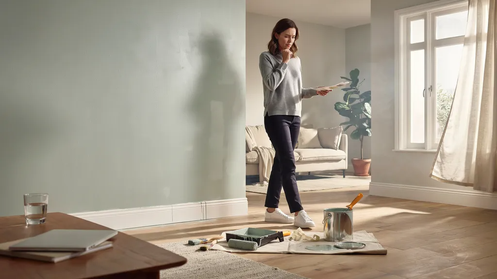 Freshly painted indoor room with a homeowner inspecting a wall painted with exterior paint while ventilating the space through an open window.