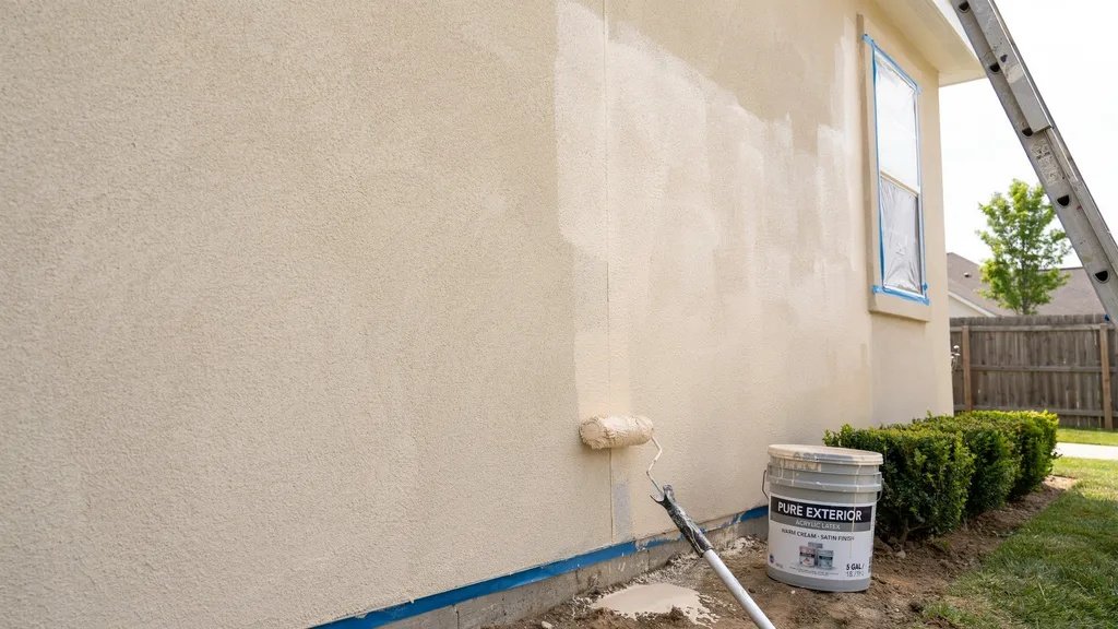Exterior wall showing first coat dried and second coat application highlighting proper layering and drying intervals outdoors.