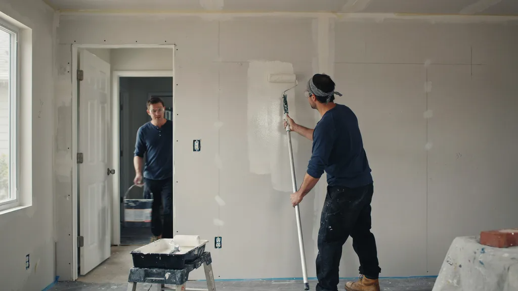 Applying bonding primer over a prepared wall surface..