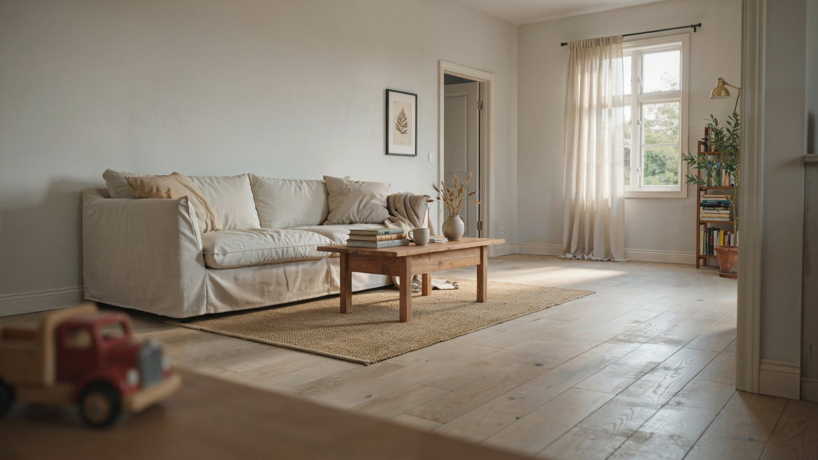 Alabaster walls creating a warm look with light wood floors.