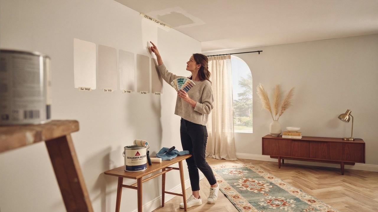 Choosing between ceiling paint and wall paint for a room.
