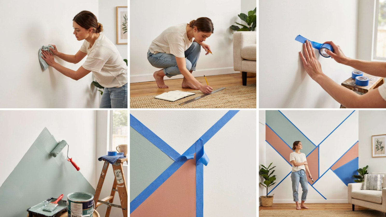 Six-step collage showing the process of creating tape wall paint designs.
