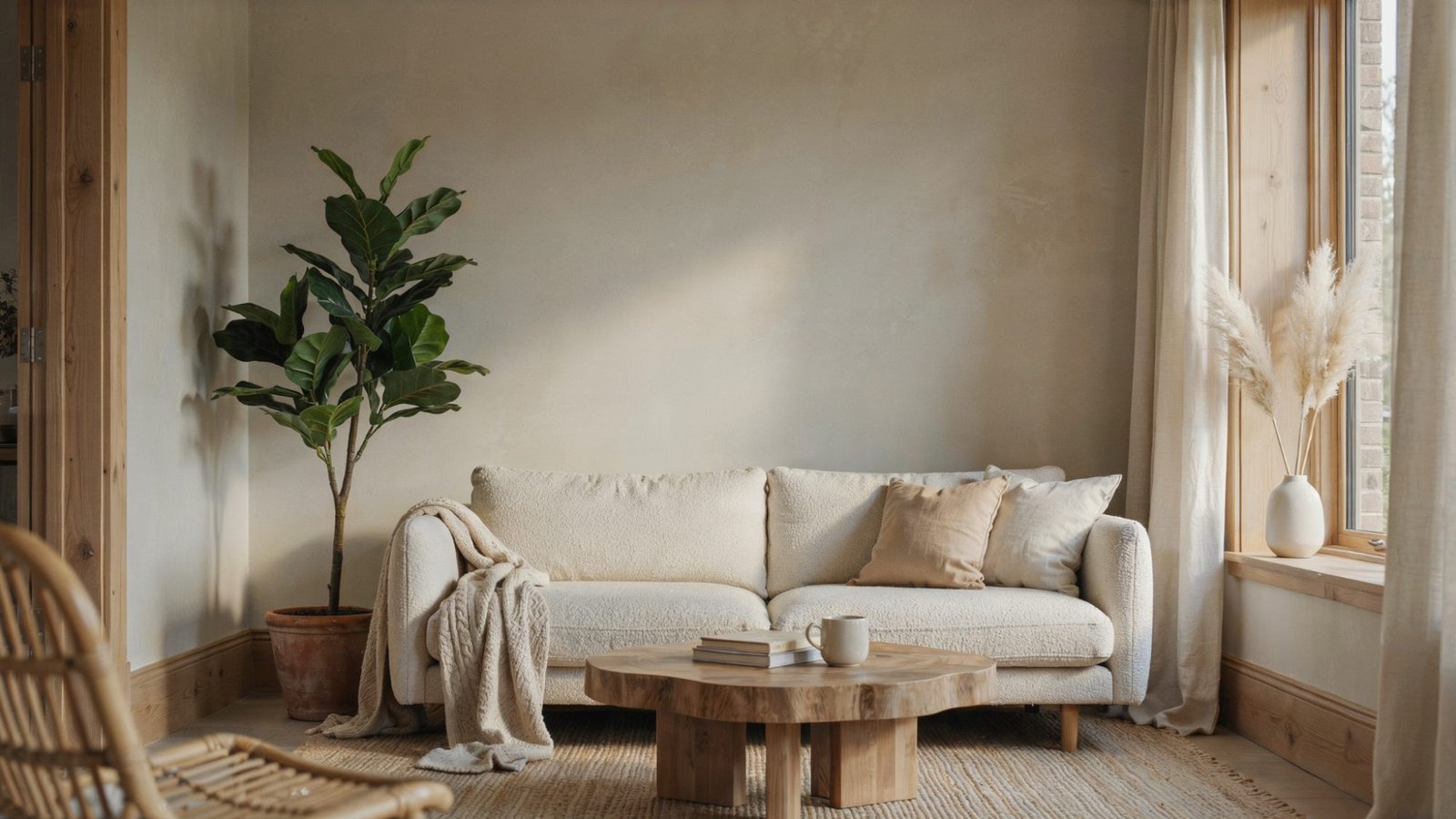 Natural Linen walls complementing oak wood trim.