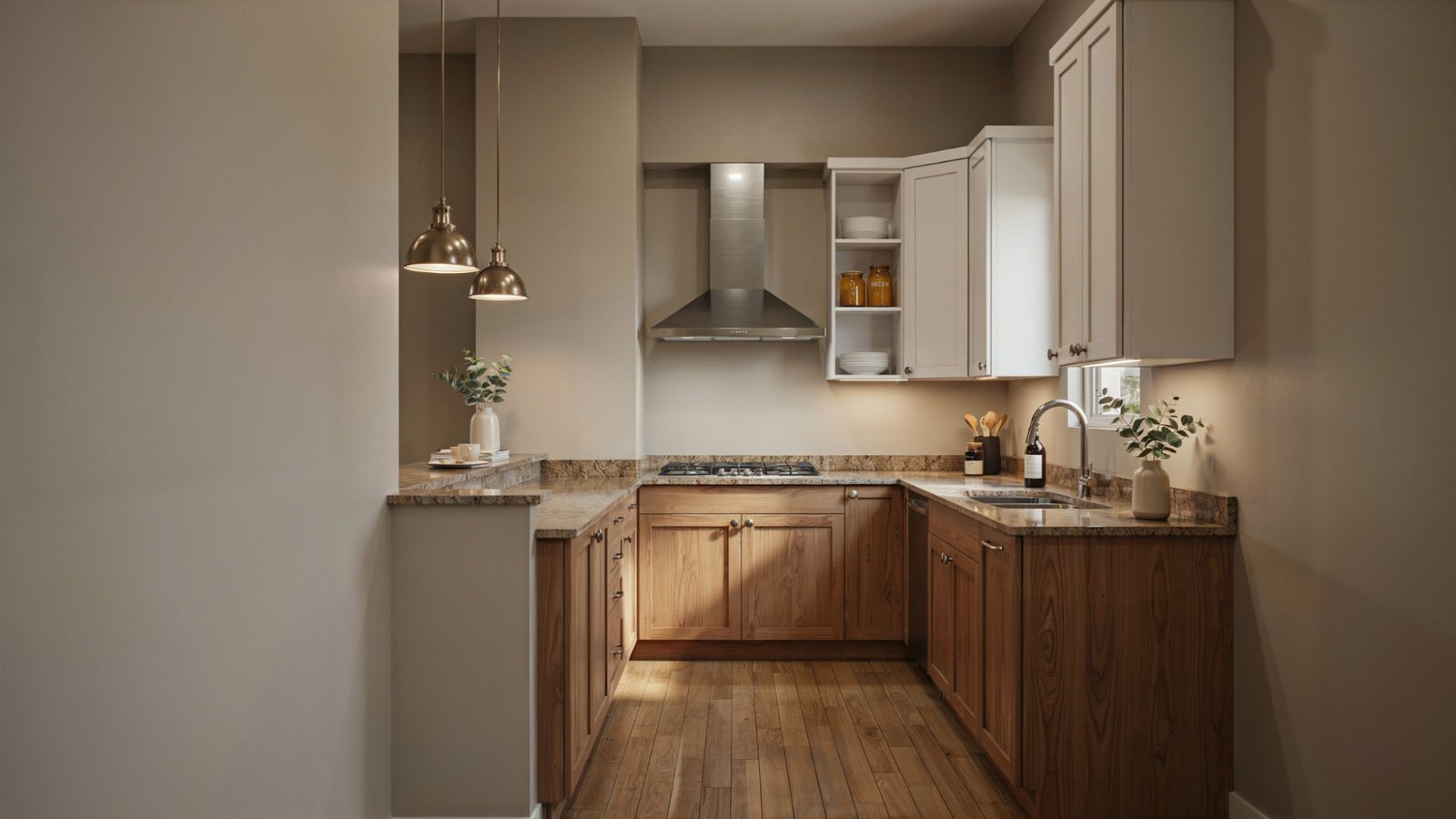 Taupe-painted kitchen walls with brown granite countertops.