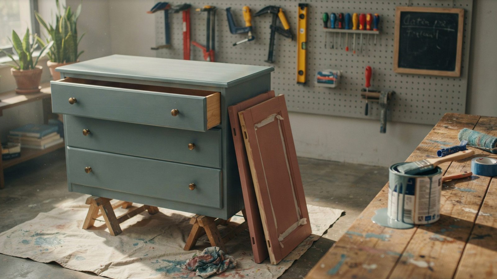 Furniture and cabinets being painted with a quart of paint.