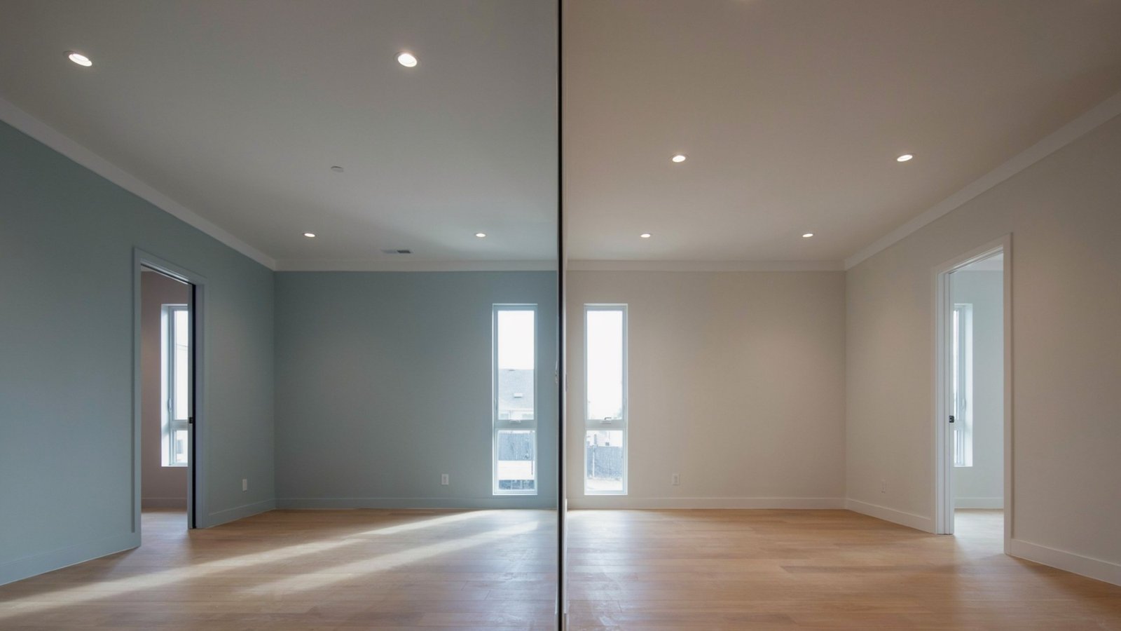 Comparison of a room with a white ceiling versus ceiling painted the same color as the walls.