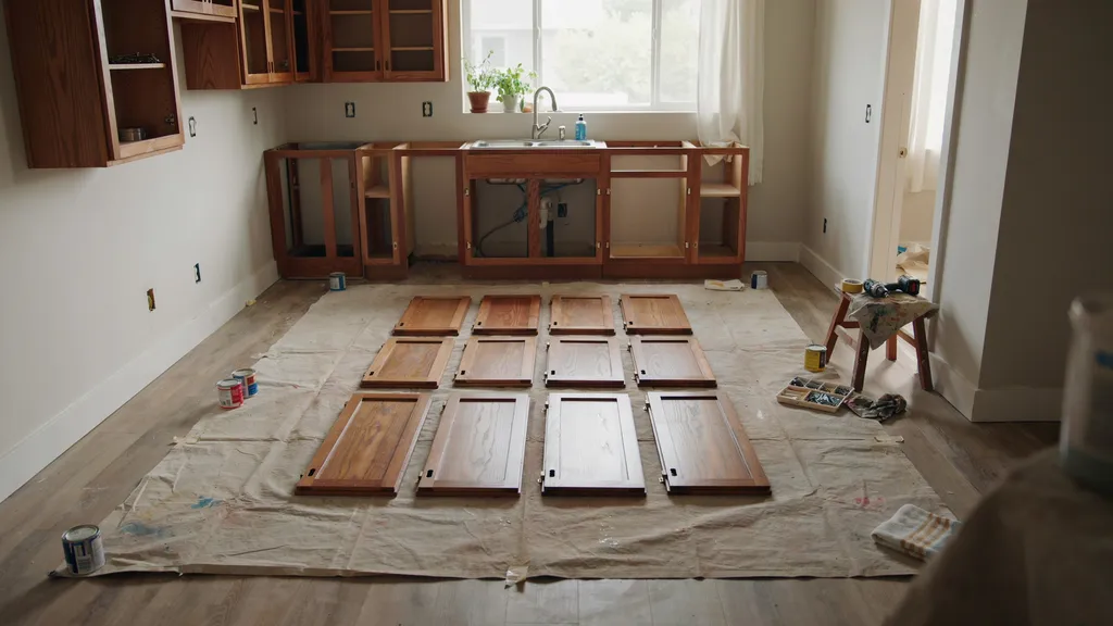 Kitchen cabinets with doors removed and arranged neatly on floor showing preparation stage for professional painting and cost estimation process.