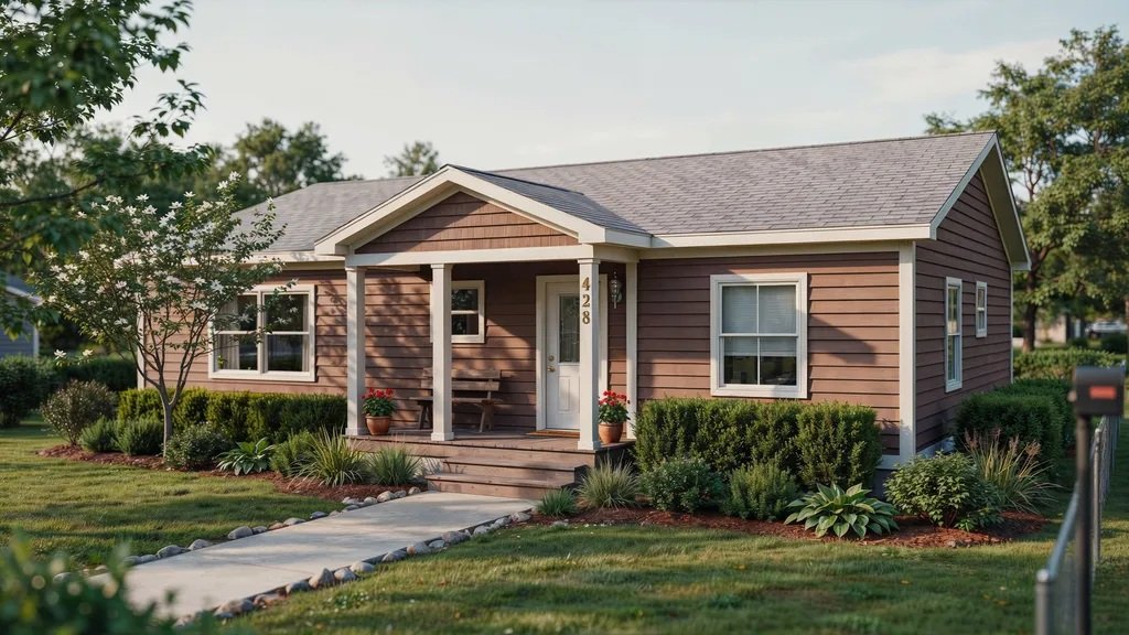 Mocha brown mobile home with ivory trim offering a warm and timeless exterior appearance.