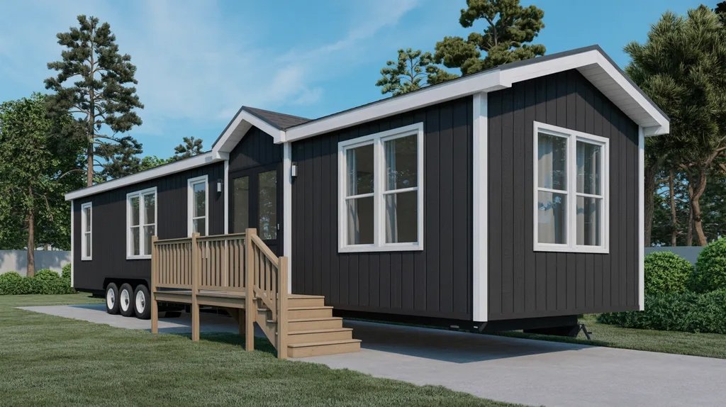 Black mobile home with white accents creating a bold modern exterior style.
