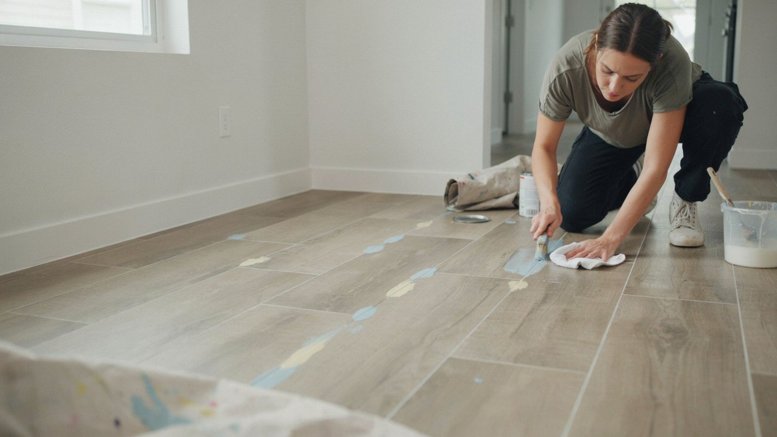 Cleaning paint from vinyl floor tiles.