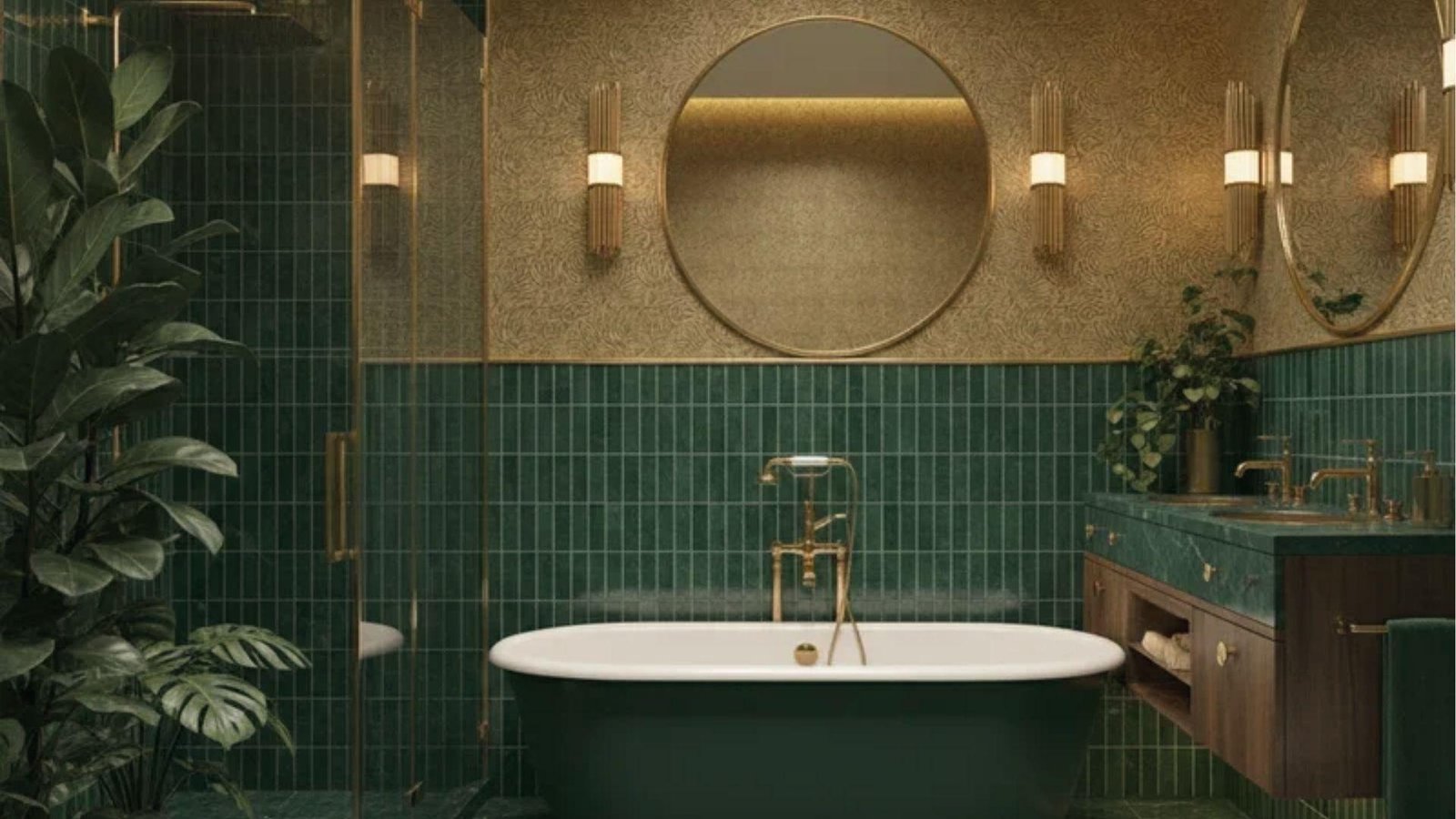 Luxe emerald tile bathroom featuring freestanding tub, gold wallpaper, dual mirrors, and plants.
