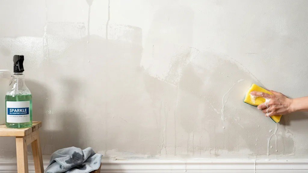 Wall surface being cleaned with solution removing grease dirt and grime leaving smooth surface ready for proper paint adhesion.