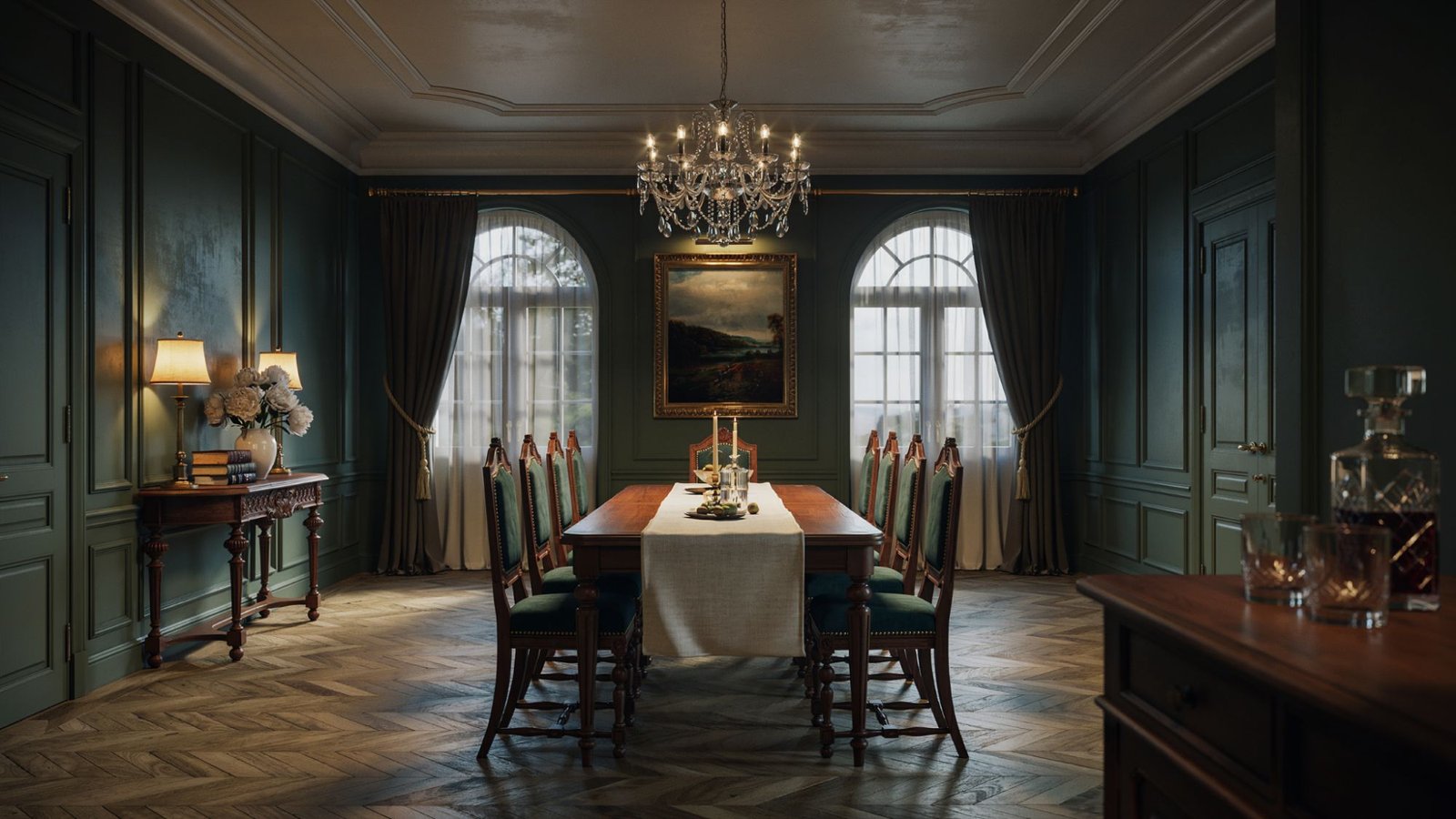 Well-designed dark-painted room incorporating key principles that influence perceived space.