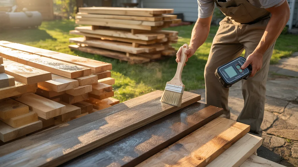Stacked treated wood drying in different sunlight and shade conditions while a homeowner checks moisture before painting.