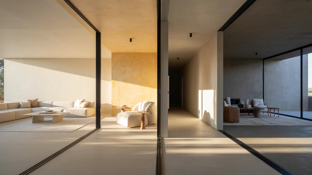 Modern interior showing different smooth wall textures side by side, demonstrating how lighting, style, and durability affect each finish.
