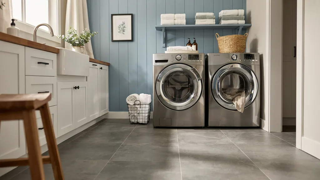 Farmhouse laundry room painted in Wondrous Blue