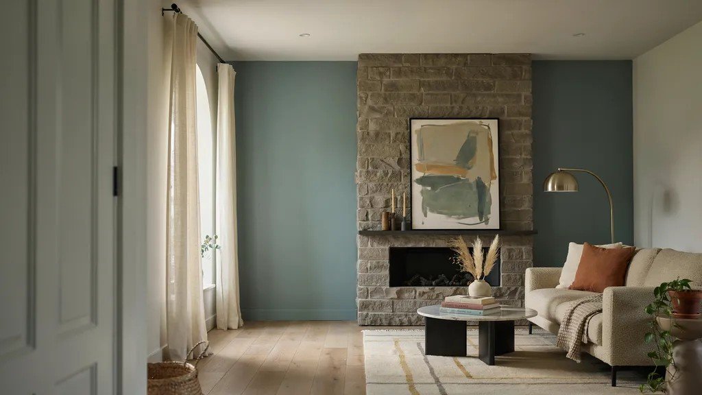 Muted teal fireplace accent wall offering fresh color and contemporary appeal.