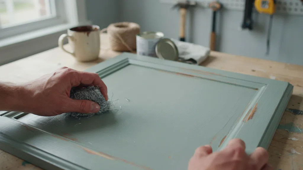 Steel wool being used to distress chalk-painted furniture.