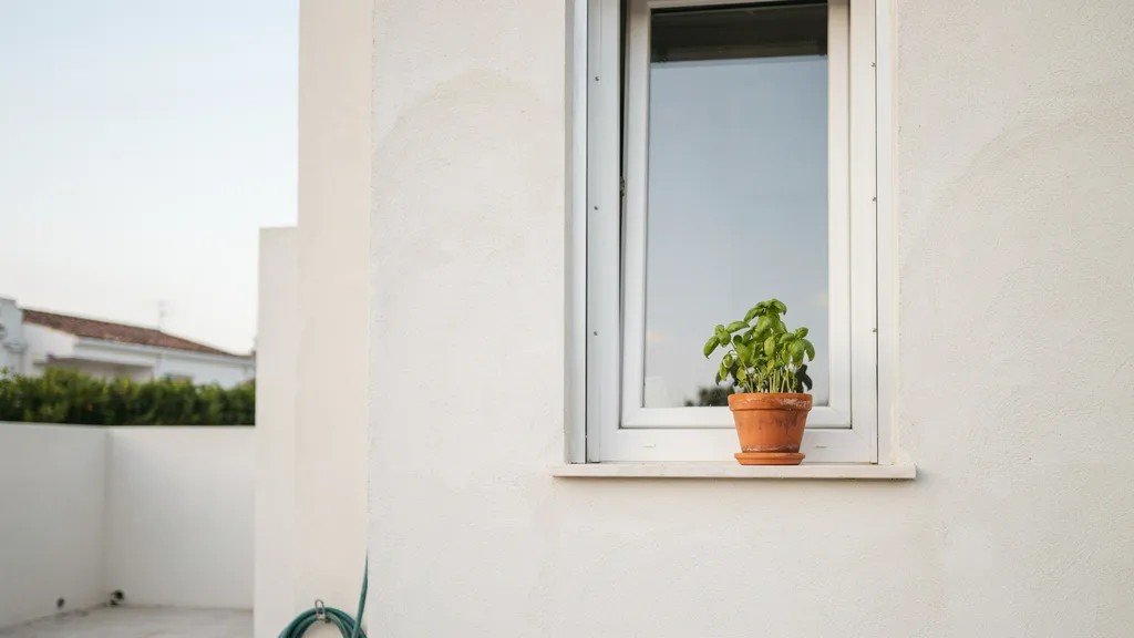 Painted exterior wall and window frame with smooth finish ready for light handling in a clean residential outdoor environment.