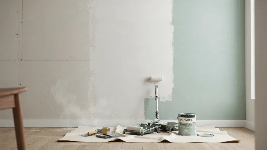 Wall surface showing preparation steps including sanding primer application and final paint coat in clean organized painting setup.