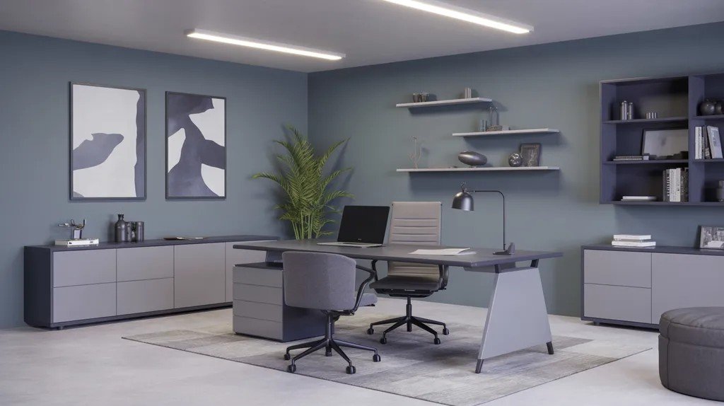 Steel blue basement offering a modern focused workspace.