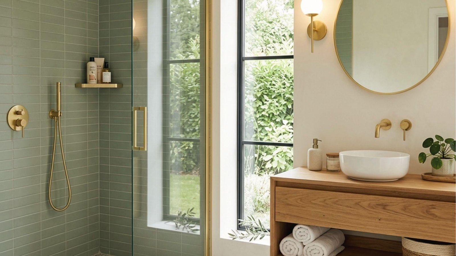 Airy mint green bathroom with wood vanity, round gold mirror, vessel sink, and glass shower.