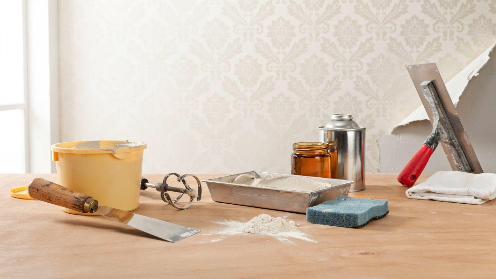 Skim coating materials including primer, joint compound, drywall tools, and sanding supplies displayed