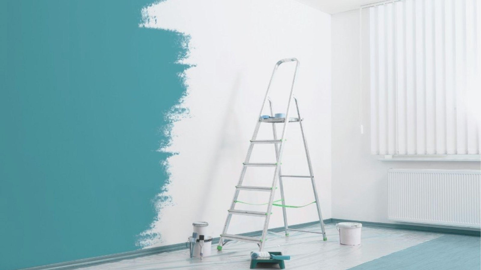Room corner with teal interior paint partially rolled on, ladder and supplies nearby.