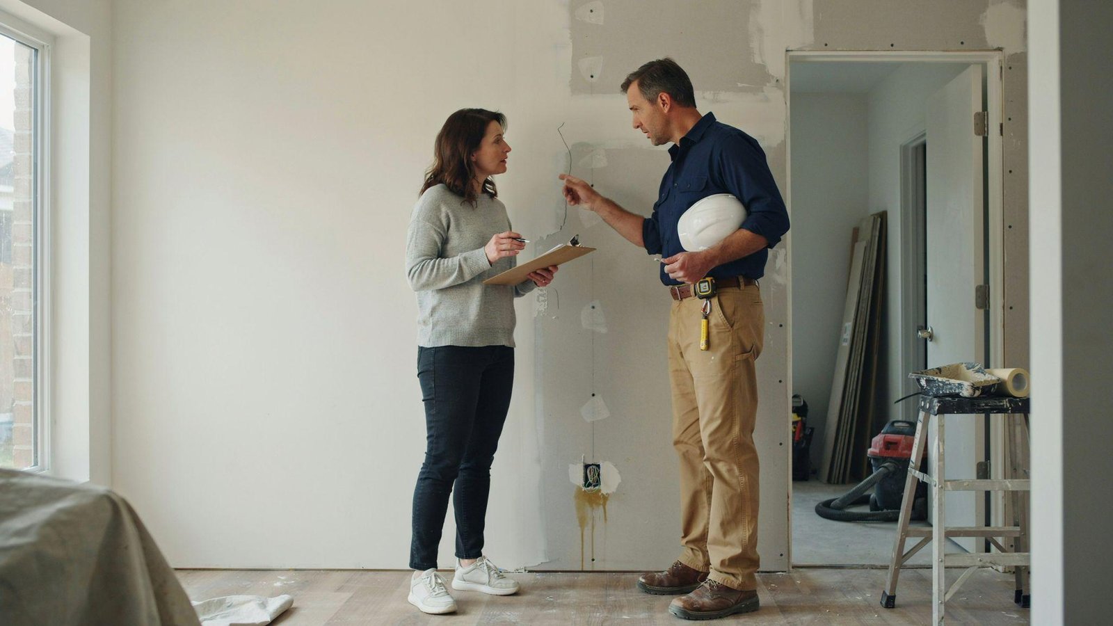 Homeowner reviewing skim coating project costs with contractor beside newly refinished walls