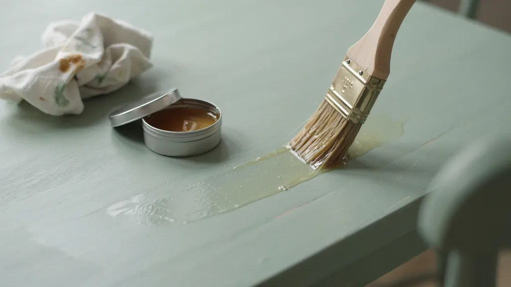 Applying clear wax to chalk-painted furniture.