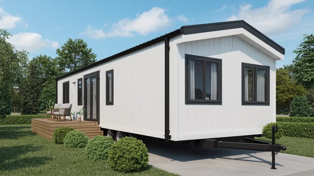 White mobile home with black accents creating a clean minimalist modern exterior.