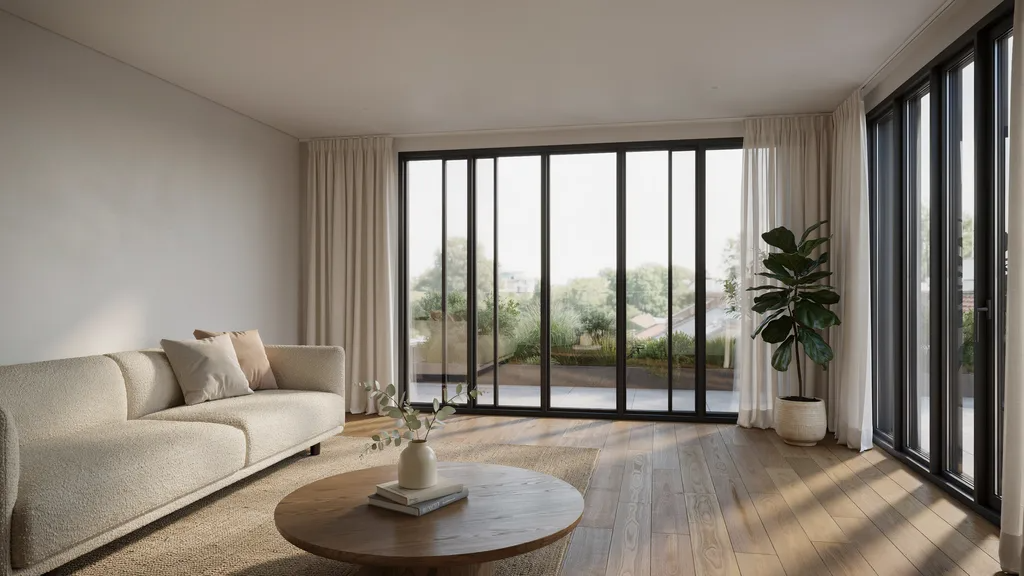 Modern sunroom with light gray walls and contemporary décor.