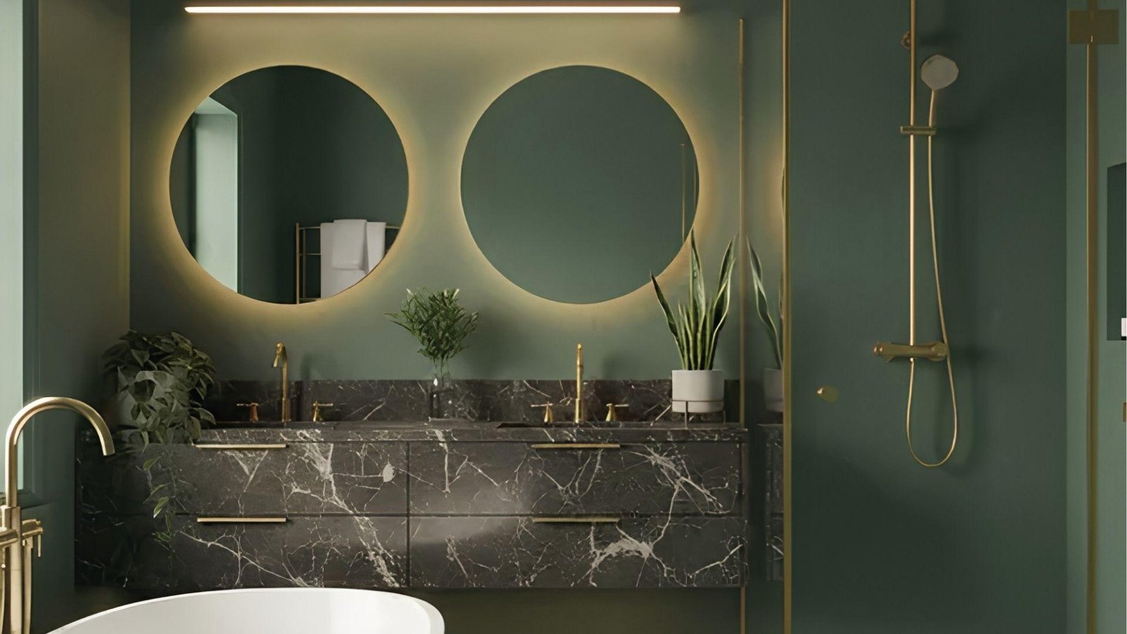 Spa style bath with dual backlit round mirrors, black marble vanity, gold fixtures, and plants.