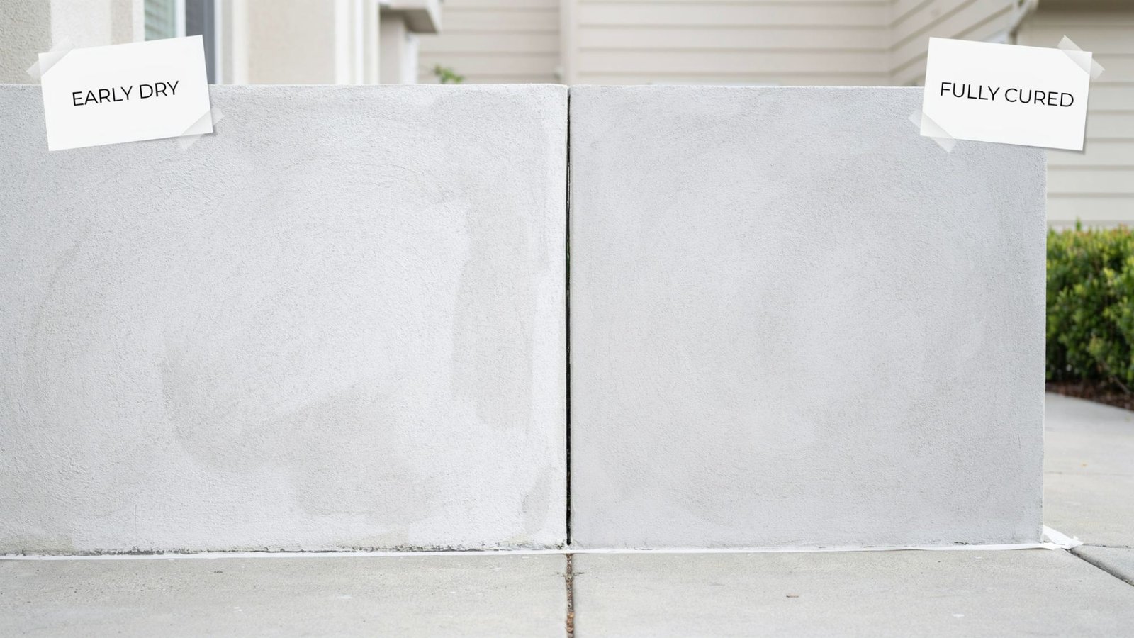 Exterior painted wall comparison showing early drying stage and fully cured finish side by side in clean outdoor lighting.