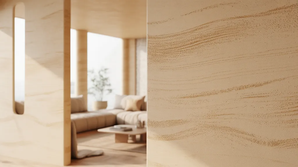 Subtle sand-textured wall finish in a warm modern interior.