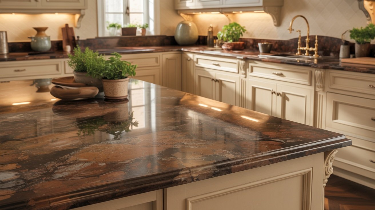 Classy kitchen with Tropical Brown granite countertops and warm cream cabinets for a cohesive look.