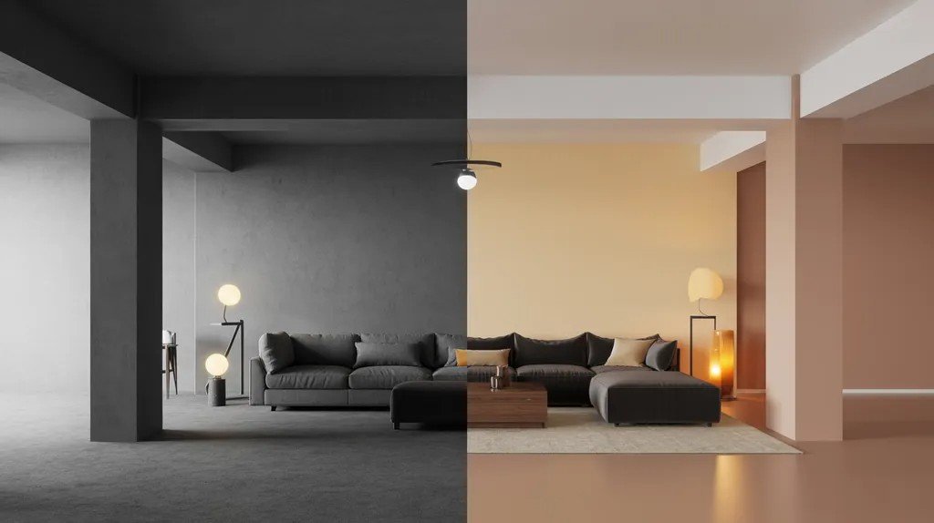 Before-and-after basement comparison showing how paint color transforms a dark dull space into a brighter, more inviting room.