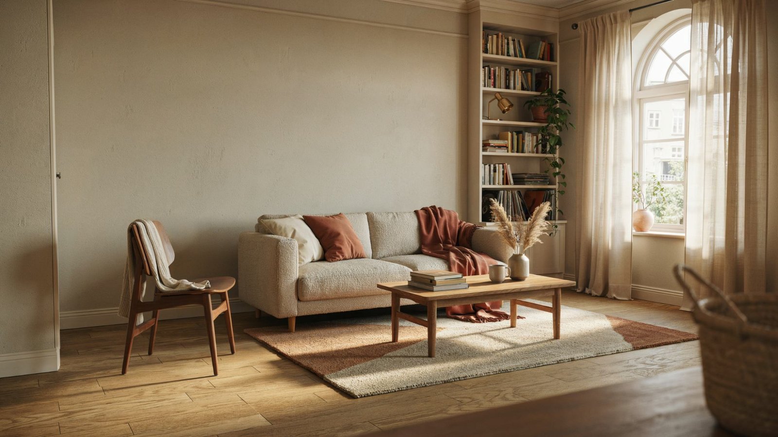 Muslin paint color creating harmony with oak trim.