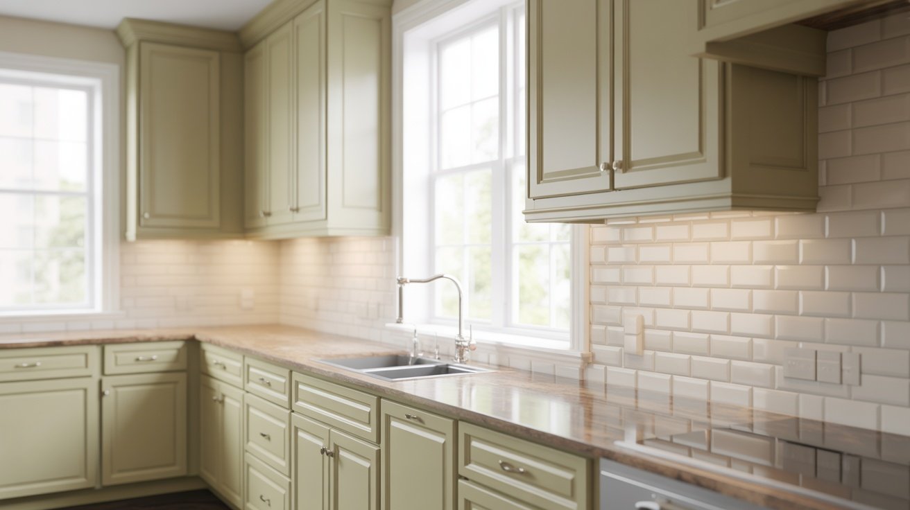 Edgecomb Gray cabinets paired with light brown granite countertops.
