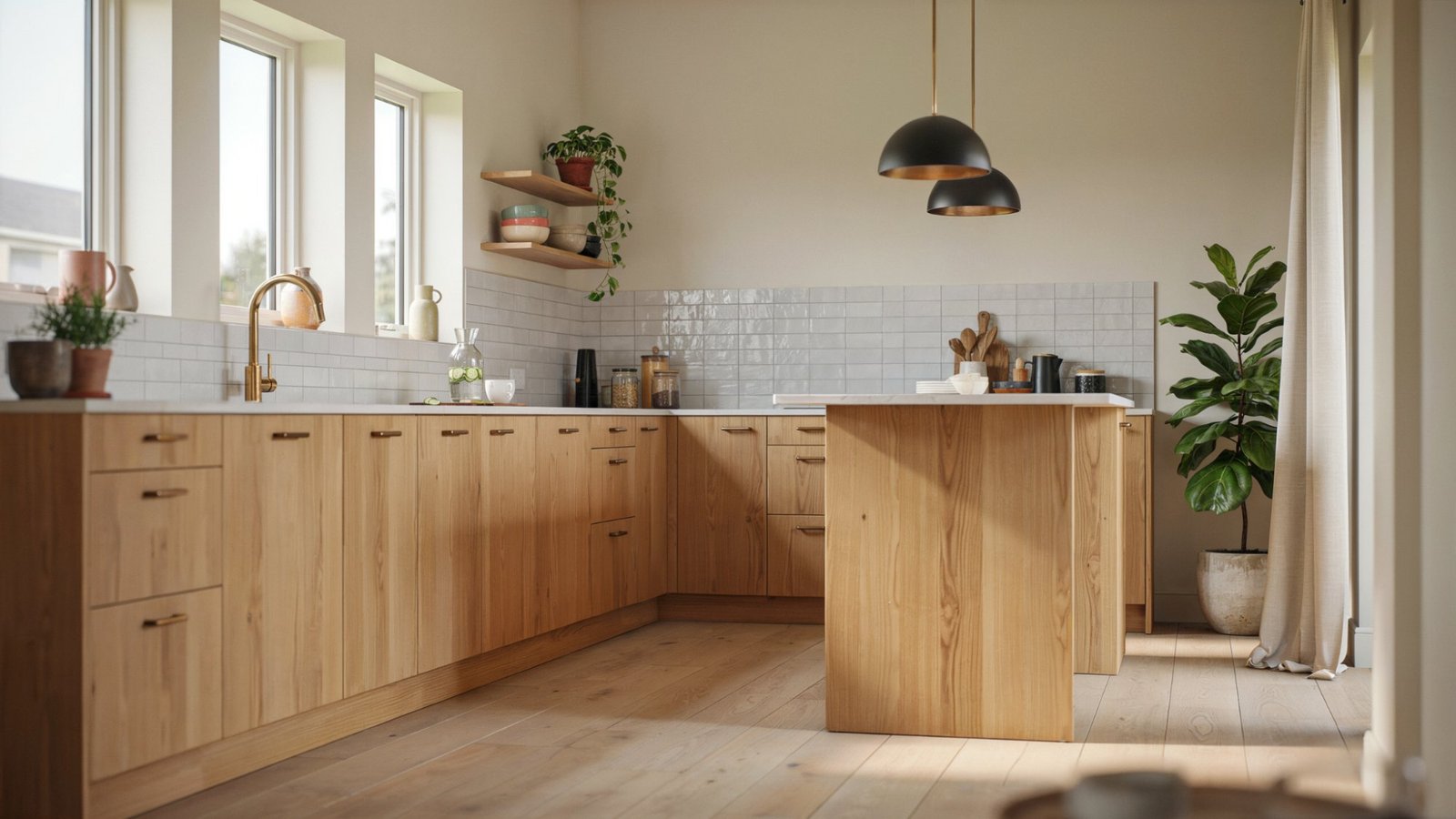 Modern kitchen with oak cabinets updated without paint using brass hardware, quartz countertops, and warm neutral decor.