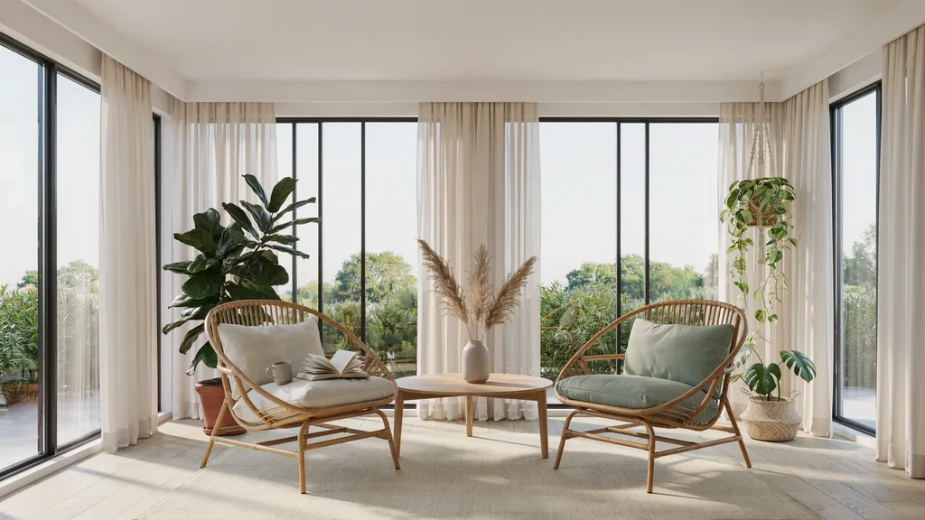 Bright sunroom with crisp white walls and large windows filled with natural sunlight.