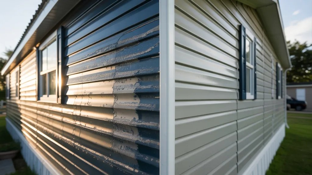 Mobile home exterior comparison showing how paint choice affects protection, temperature, and durability.