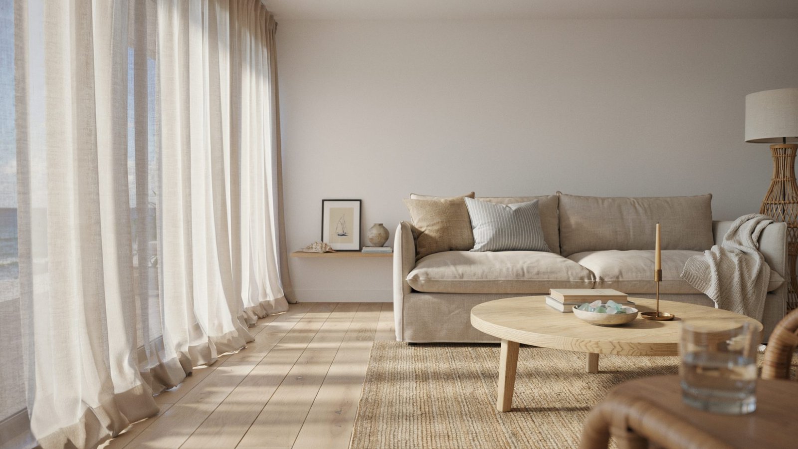 Maritime White walls paired with light wood flooring in a coastal-style room.