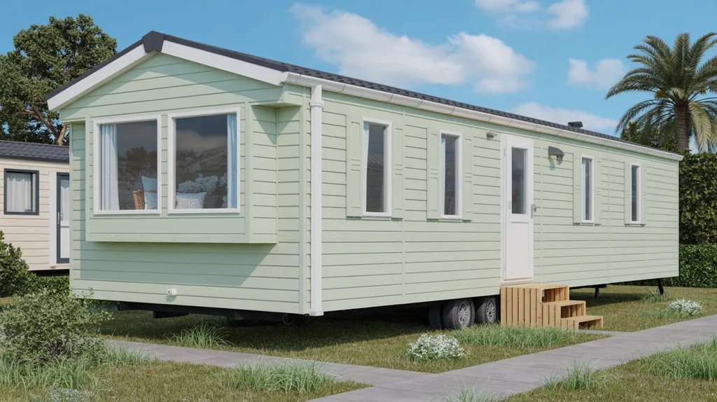 Pastel mint mobile home with white trim creating a soft coastal-inspired look.