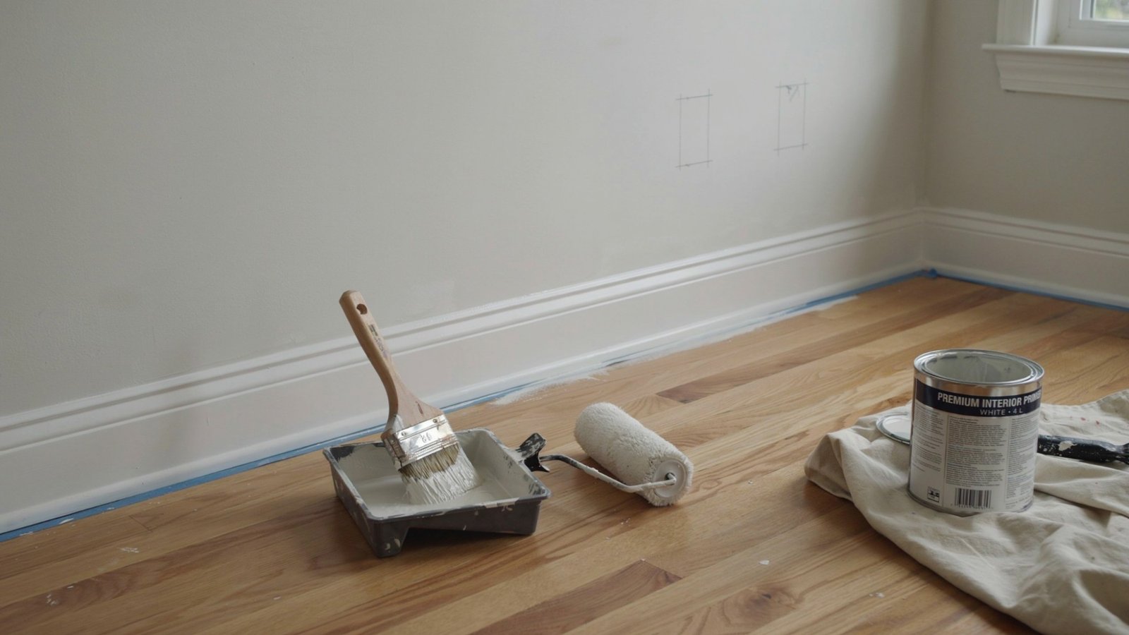 Baseboards coated with primer in smooth even layer preparing surface for final paint application in clean indoor environment.